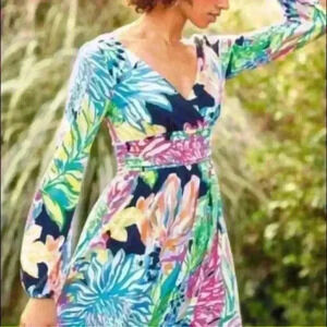 Lilly Pulitzer Fleur Dress Medium in Resort Navy Travelers Palm Item#B4